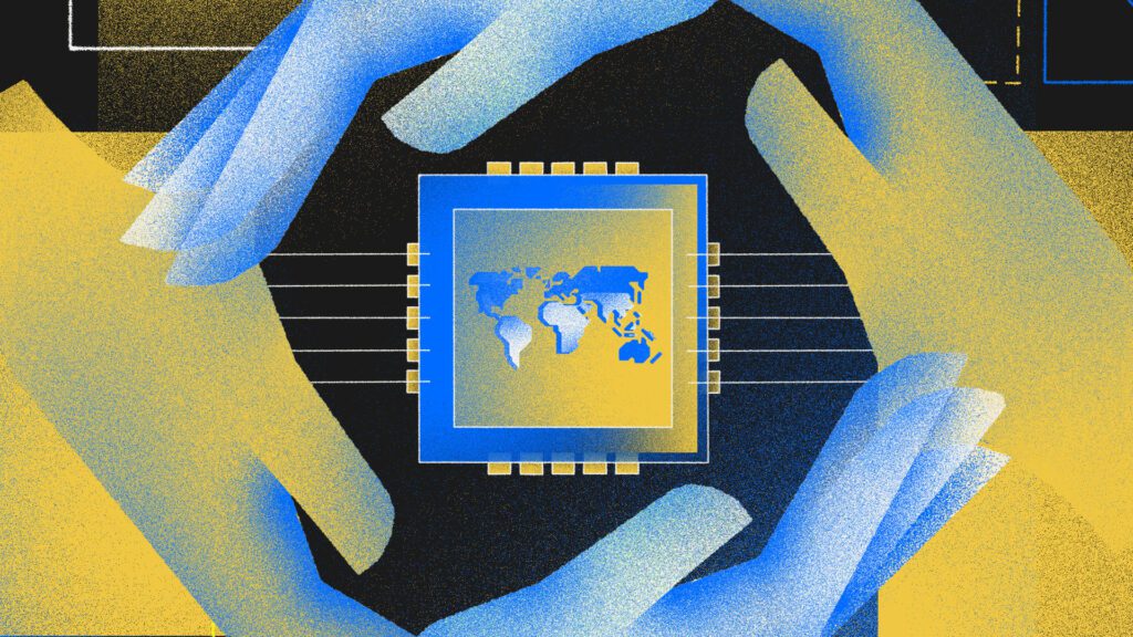 abstract image of hands reaching around a computer chip