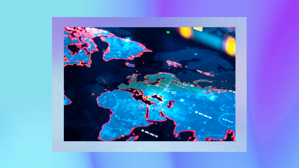 Digital map displaying parts of Europe, Asia, and Africa with regions highlighted in blue and red, possibly indicating different territories or data values.