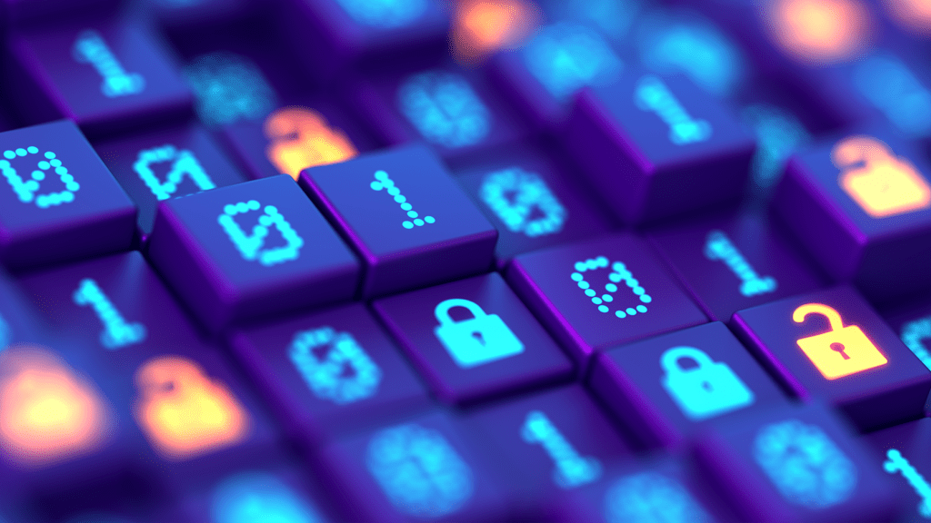 Close-up of a digital keyboard with glowing numbers and lock icons. Some locks are closed and others are open, symbolizing security and potential vulnerabilities. The colors are vibrant, featuring blues and oranges.