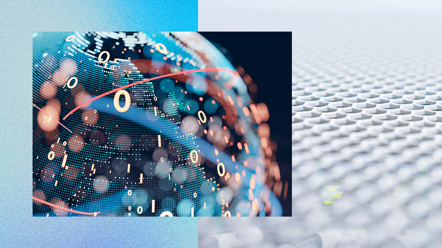 A digital representation of a globe with binary code (0s and 1s) and abstract lines, symbolizing global data exchange and technology. The background transitions from blue tones on the left to a textured white surface on the right.