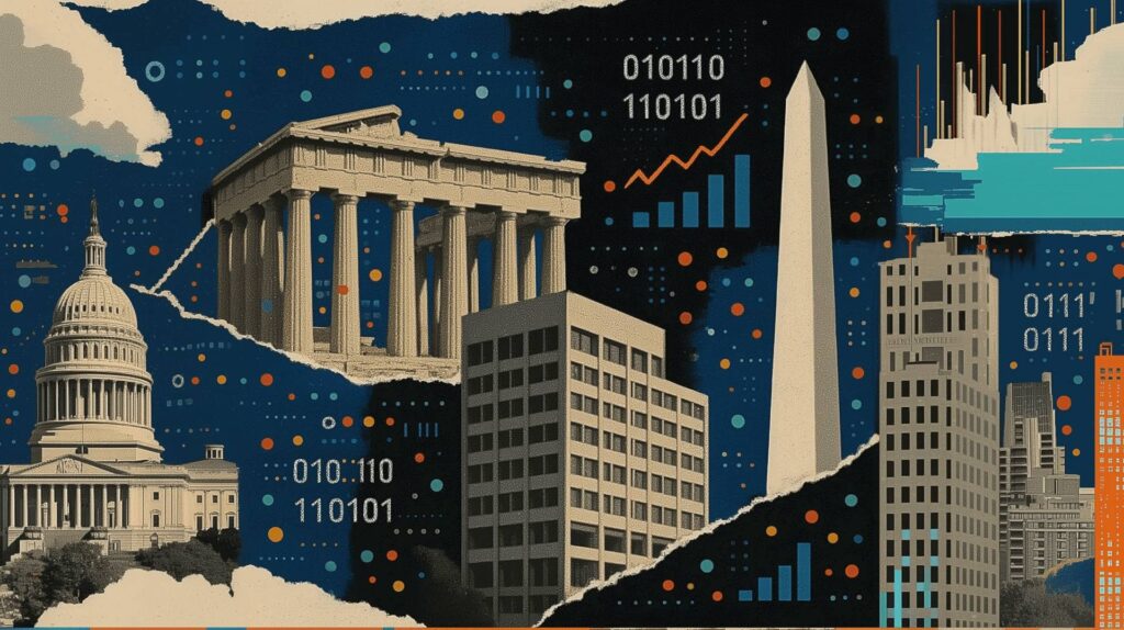Illustration of government buildings and digital data graphics.