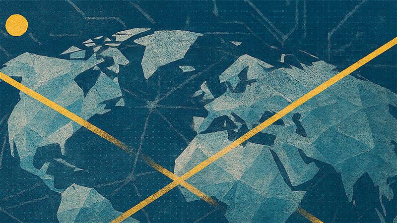 Abstract world map with two yellow diagonal lines and a yellow circle on a blue background.