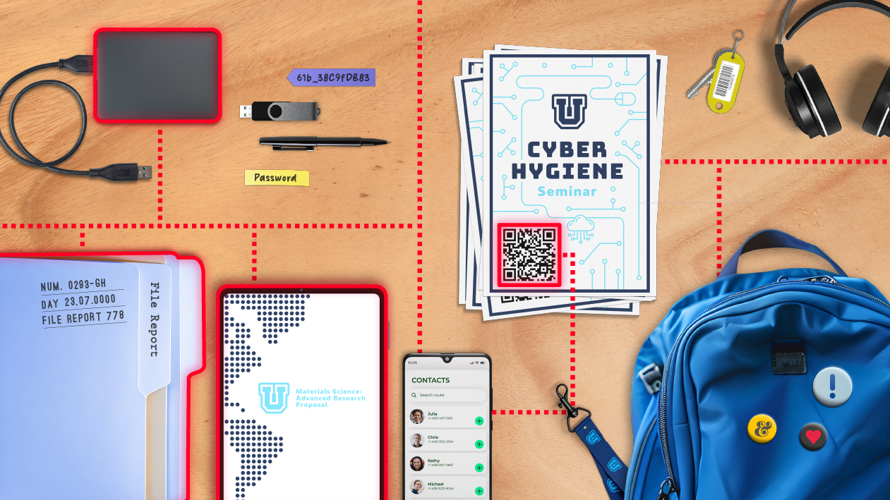 Layout of education-related items on a desk and a representation of cyber threat vectors.