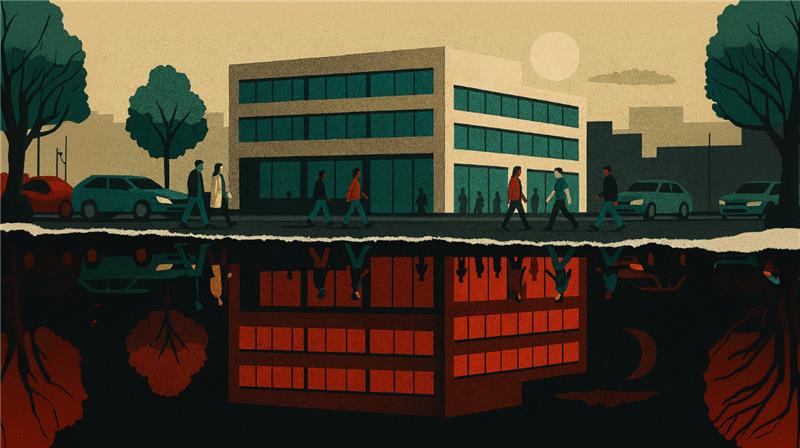 An illustration of pedestrians walking near a business office.