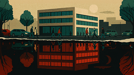 An illustration of pedestrians walking near a business office.