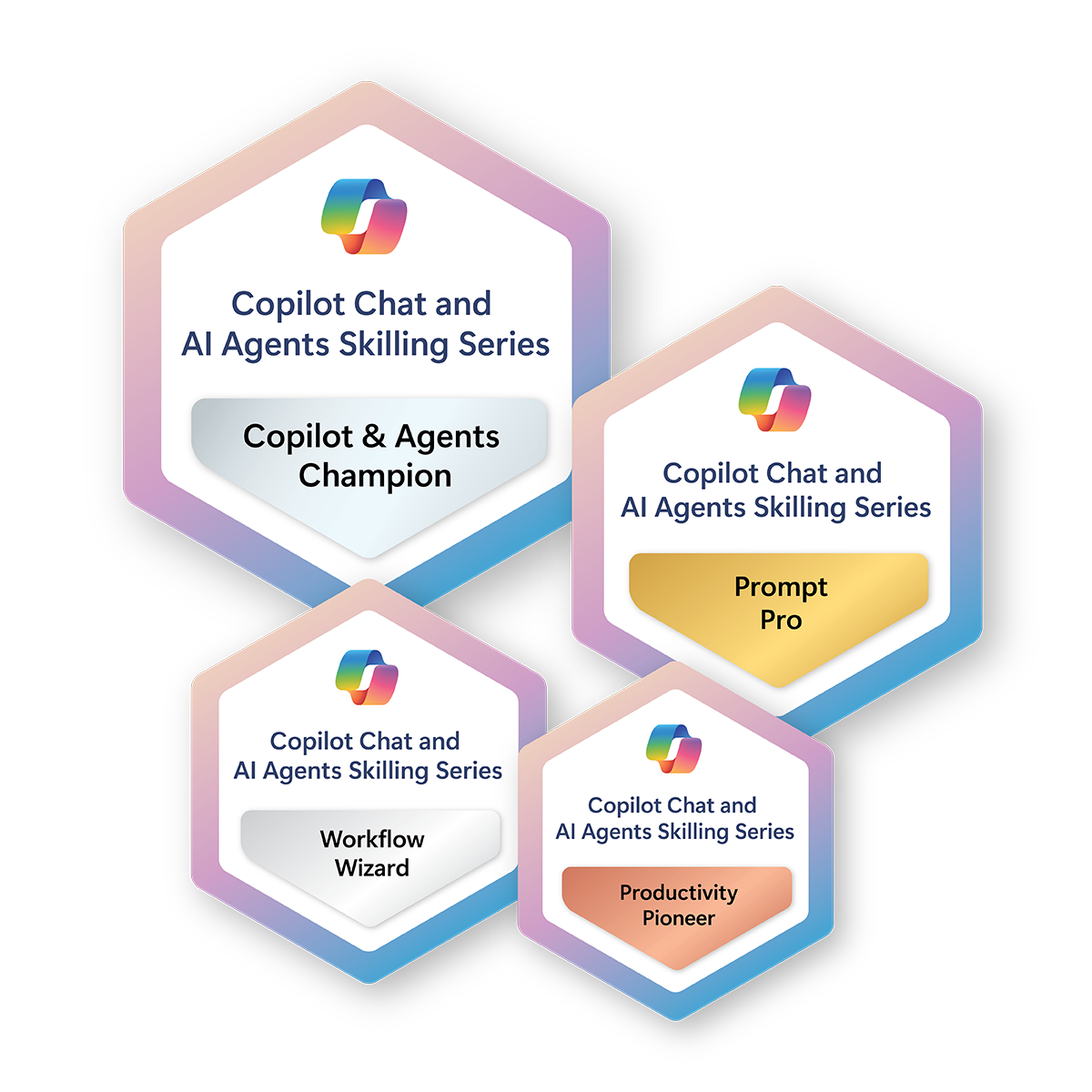 Four hexagonal badges with gradient borders and a central emblem of overlapping colorful shapes. Each badge displays the title 'Copilot Chat and  AI Skilling Series' along with a unique subtitle: 'Copilot & Agents Champion,' 'Prompt Pro,' 'Workflow Wizard,' and 'Productivity Pioneer.'
