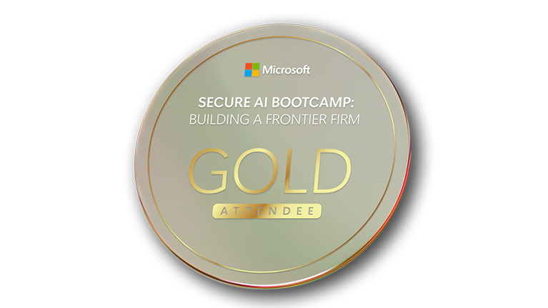 Gold badge with Microsoft logo and text: 'Secure AI Bootcamp: Building a frontier firm – Gold Attendee.'