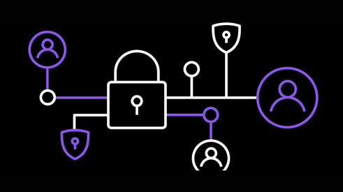 A lock and a user icon connected by lines, circles and shields, representing secure user access.