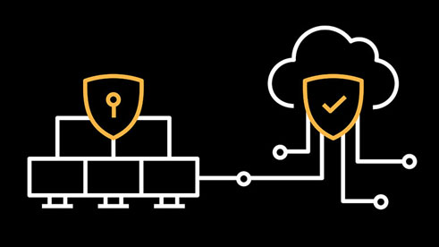 An orange shield with a lock over servers connected to a cloud with a checkmark shield.