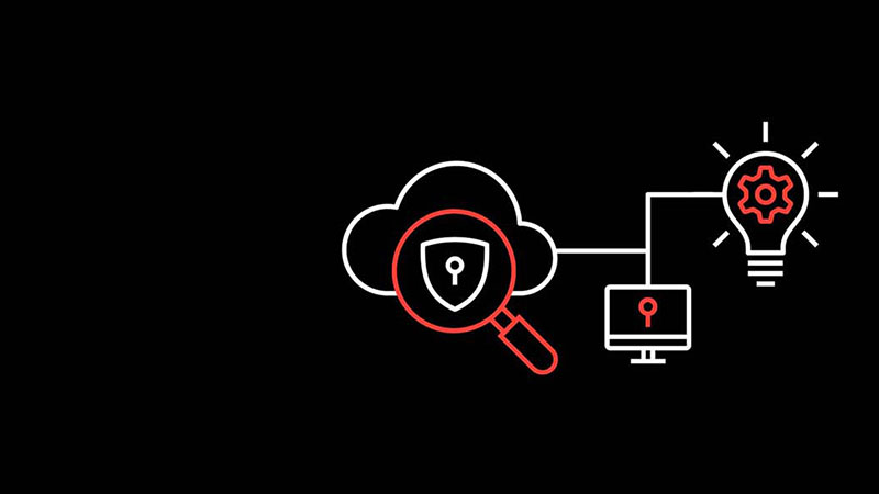 A black background with an illustration of a magnifying glass on a cloud, connected to a monitor and a lightbulb