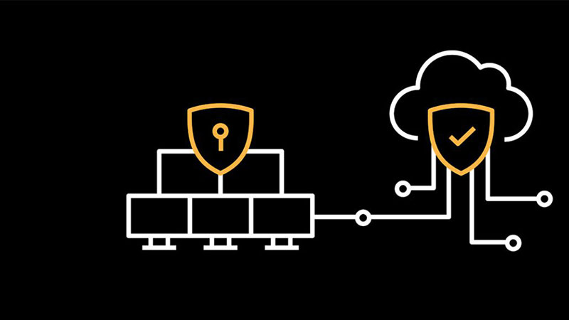 An illustration on a black background of computers connecting to a secure cloud.