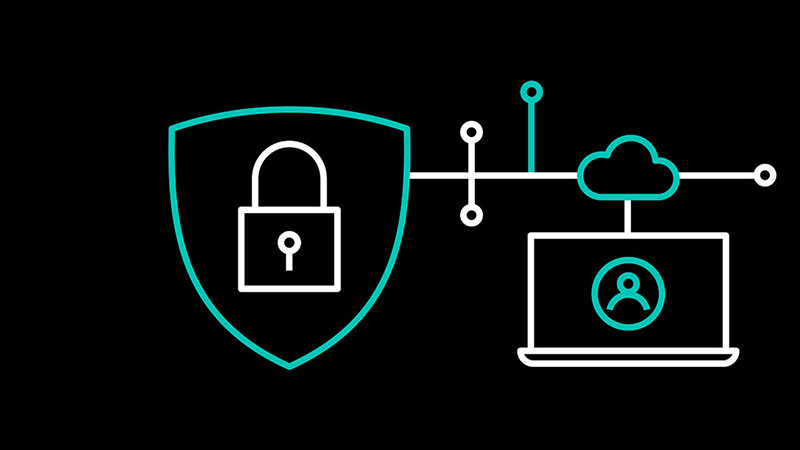 A line art graphic showing a security shield protecting a user's laptop and cloud connection.