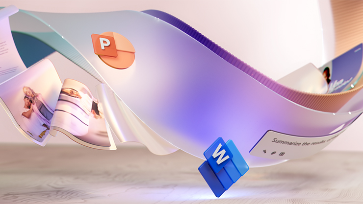 Flowing ribbon-like structure with digital elements including PowerPoint and Word icons, people, documents on a pastel gradient background.