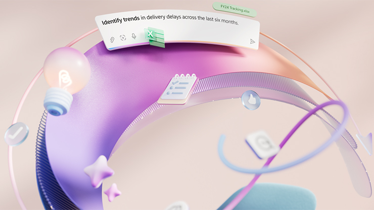 Colorful 3D scene with floating icons and the text 'Identify trends in delivery delays across the last six months.'