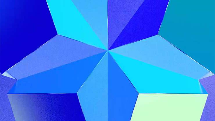 A five-pointed star made of blue, cyan, and teal triangles on a matching geometric background.
