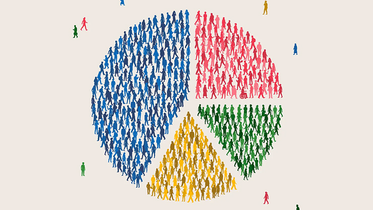 Pie chart composed of colored human silhouettes—blue, red, green, and yellow—with matching figures both inside and outside the chart