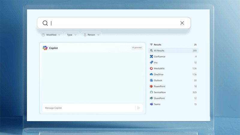 A laptop screen displays a search interface for What are the latest design tasks for Microsoft 365 Copilot