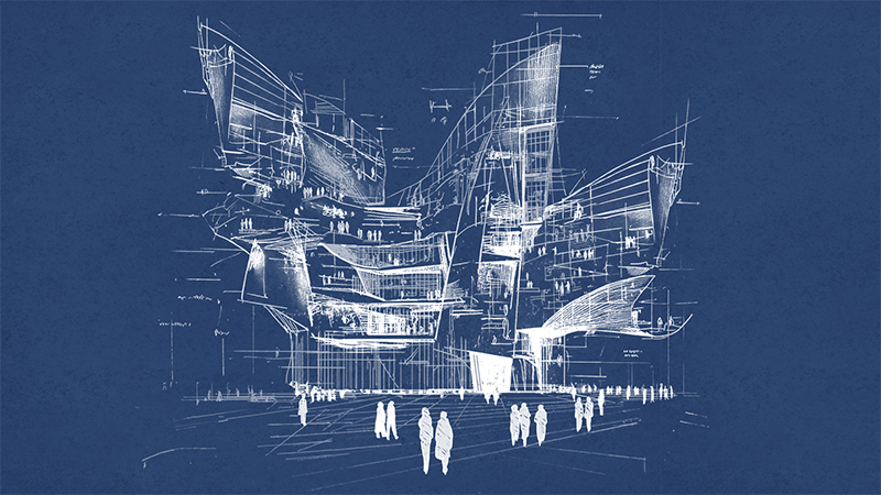 Architectural blueprint of a multi-level modern building with geometric structures and human figures for scale, drawn in white on a blue background.