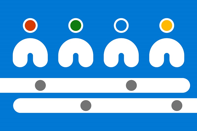 Four white person icons with colored heads (red, green, blue, yellow) on a blue background.