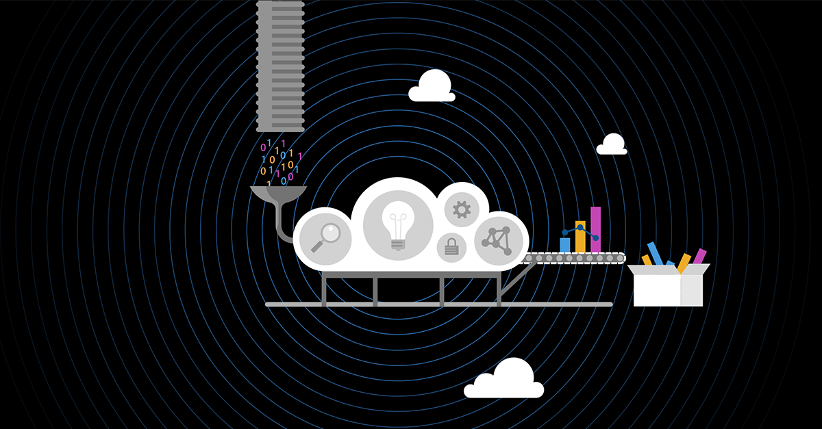 An illustration of a cloud-shaped factory processing binary data into colorful charts and graphs on a conveyor belt.