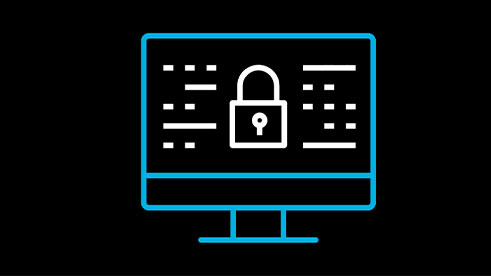 A blue computer monitor with a white lock icon and white data points.