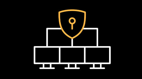An orange shield with a lock icon over a stack of servers.