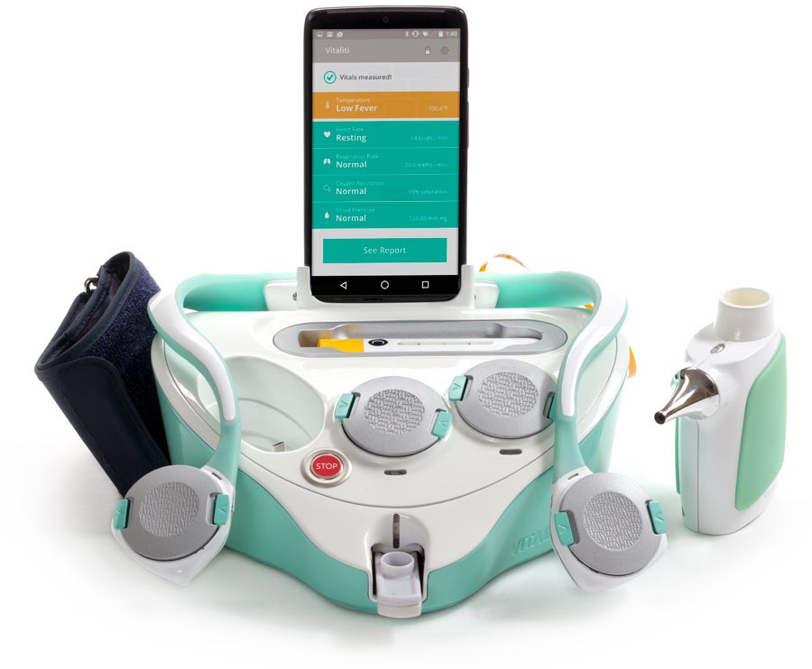 A photograph of Cloud DX's Vitaliti tricorder device