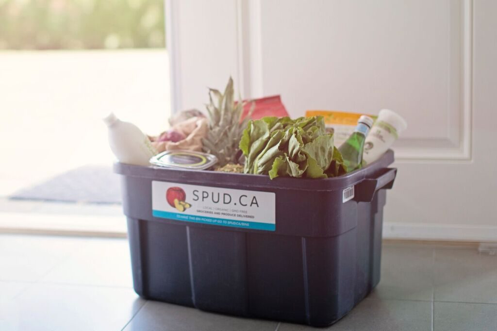 A plastic tote basket labelled as Spud.ca with fresh vegetables