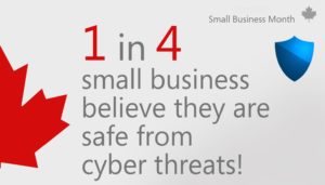 Graphic with text that reads 1 in 4 small business believe they are safe from cyber threats!