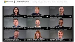 Screen grab of the Mainstage section of the Modern Workplace on Demand business channel, featuring its keynote speakers: Dr. Ann Cavoukian, Fawn Annan, Derek Hopfner, Marc Saltzman, Jason Brommet, Gladstone Grant, Ricardo Wagner, Corinne Sharp, and John Hewie.