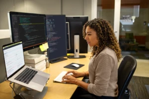 Real people, real offices. Black female developer working at enterprise office workspace. Focused work. She has customized her workspace with a multi-monitor set up.
