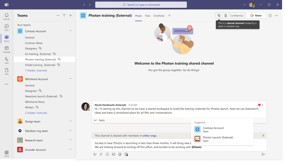 With Microsoft Teams Connect shared channels, multiple organizations can now work together as one team in a shared workspace for seamless collaboration. 