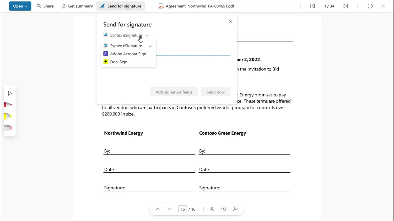 Prompt to send a document for signature, with the cursor hovering over Syntex eSignature and showing two other options: Adobe Acrobat Sign and DocuSign.