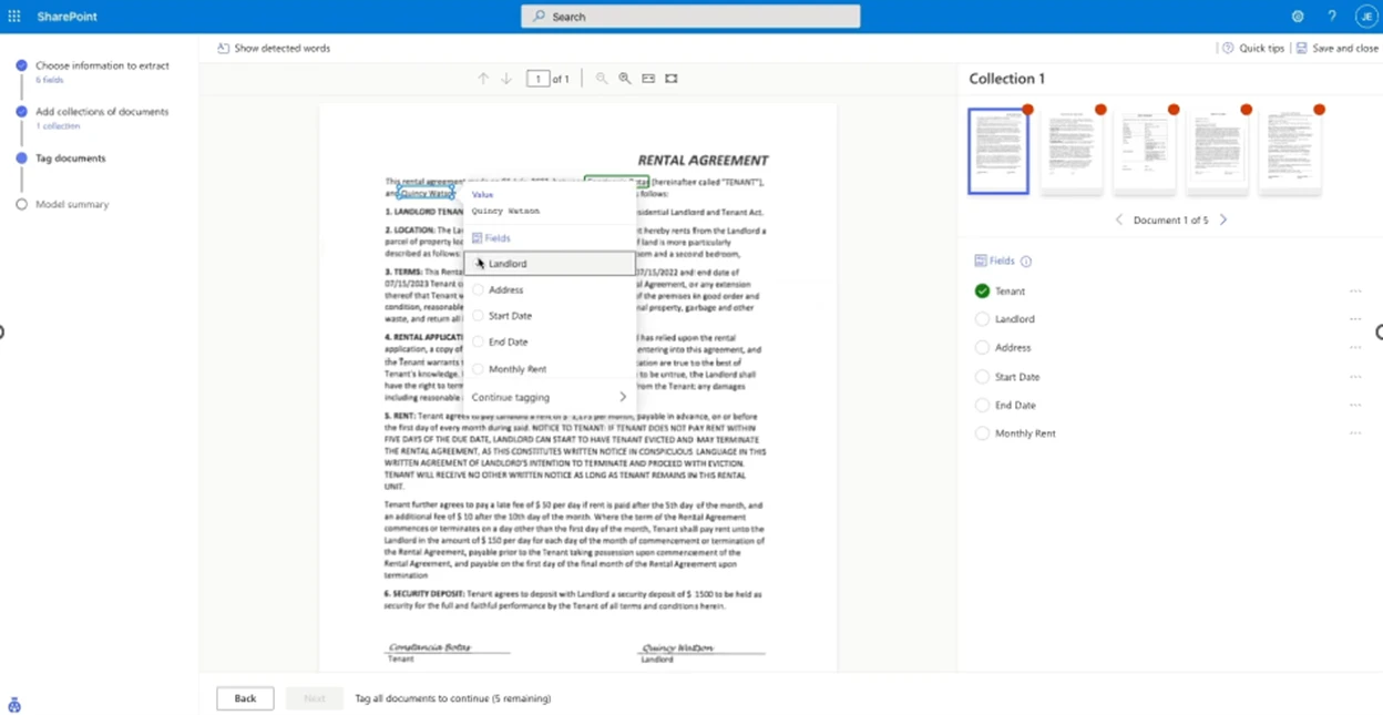 The user interface for Microsoft SharePoint. A document processing example with a Rental Agreement. Extra text.