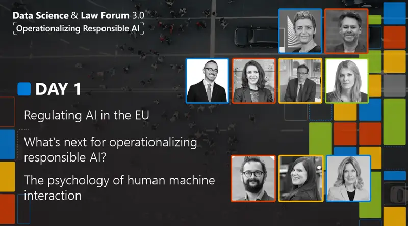 Thumbnail for event recording of day 1, showing speaker portraits and the session titles: 'Regulating AI in the EU', 'What's next for operationalizing responsible AI', 'The psychology of human machine interaction'