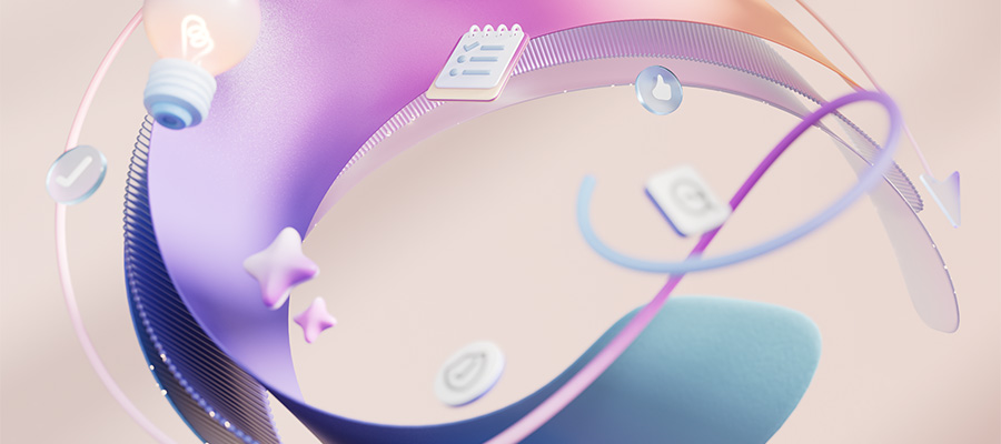 Purple swirls with orbiting lightbulb, notebook and thumbs-up icons