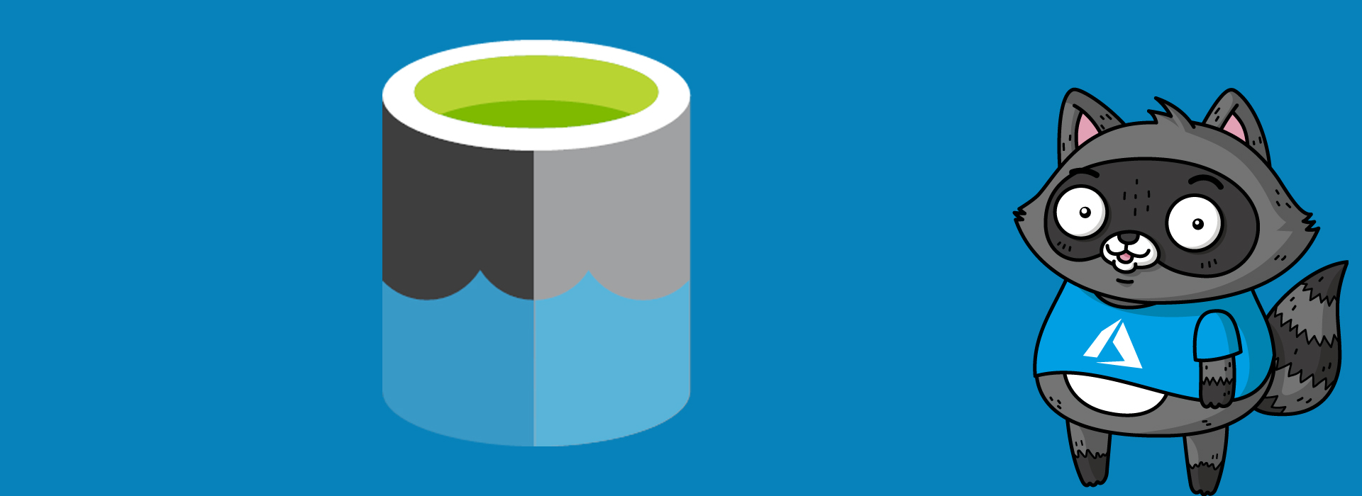 The Azure Data Lake Storage logo on a blue background, next to a picture of Bit the Raccoon.