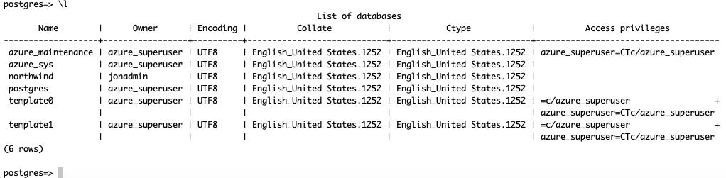 A screenshot showing that the database has been created.