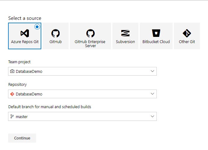 The 'Select a source' section of Azure DevOps with the 'Azure Repos Git' button selected.