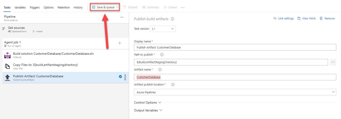 The Save & Queue option highlighted in Azure DevOps.