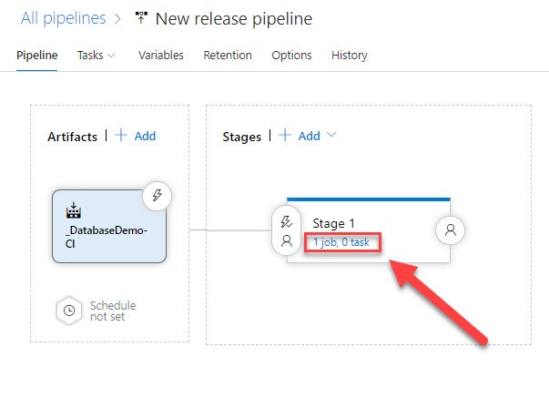 The 'New release pipeline' section of Azure DevOps with the Stage 1 section in view, showing it has 1 job and 0 tasks.