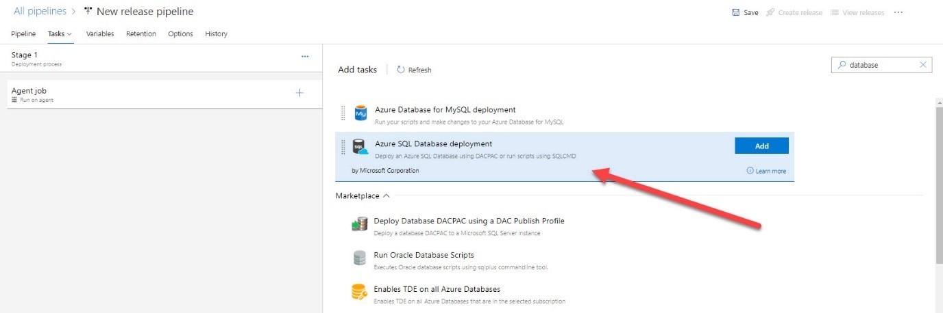 The 'Azure SQL Database deployment' section of Azure DevOps highlighted, in the 'New release pipeline' section.