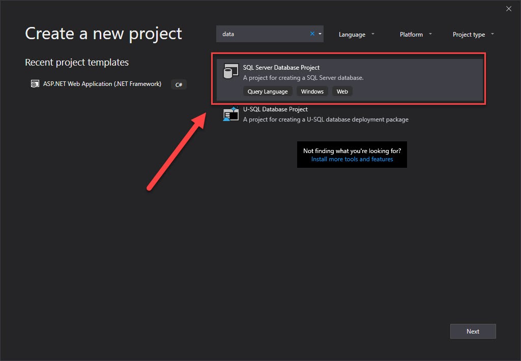 A screenshot highlighting the 'SQL Server Database Project' section of the 'Create a new project' menu.