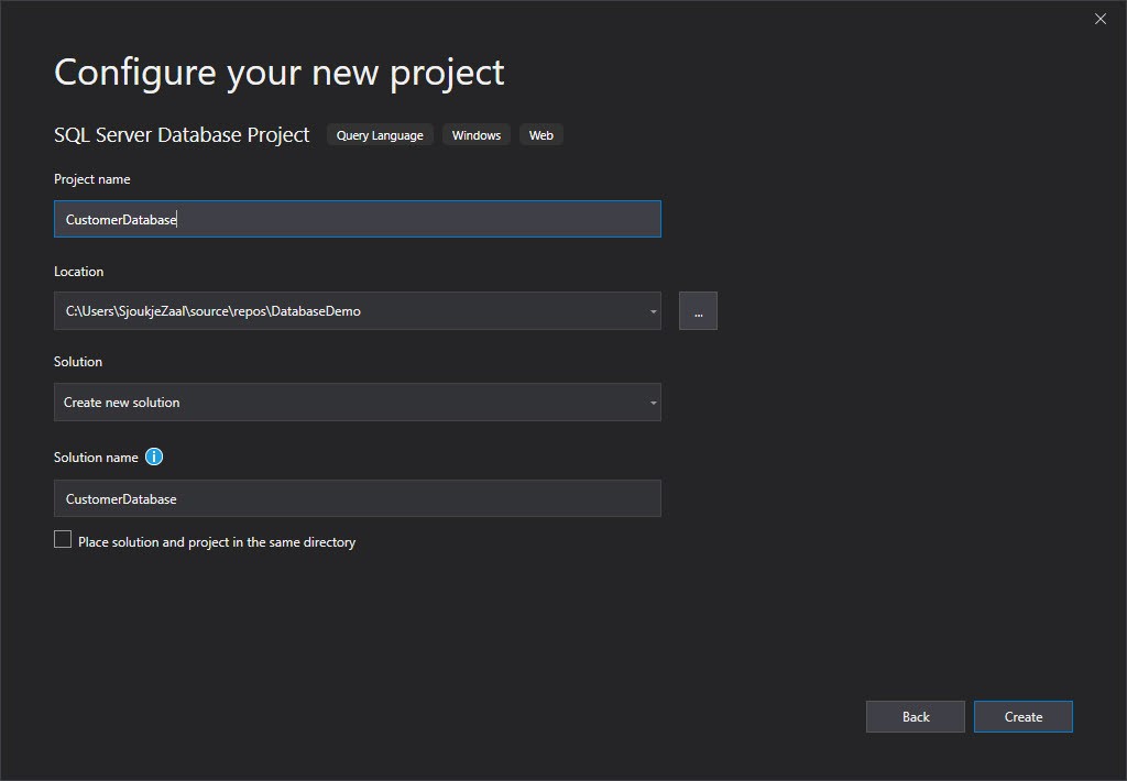 A screenshot showing the 'Configure your new project' dialogue when creating a new SQL Server Database Project.