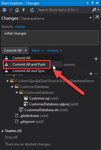 A screenshot of the Team Explorer in Visual Studio with the 'Commit All and Push' option highlighted.