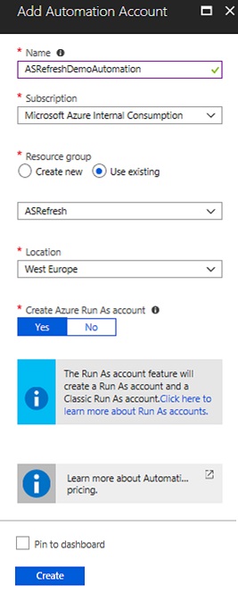 A screenshot showing that an Automation account is being added.