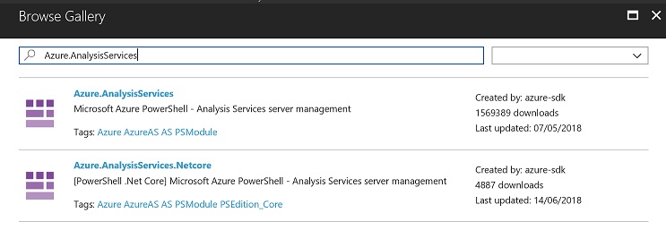 A screenshot showing the Azure.AnalysisServices module in a list of other modules.