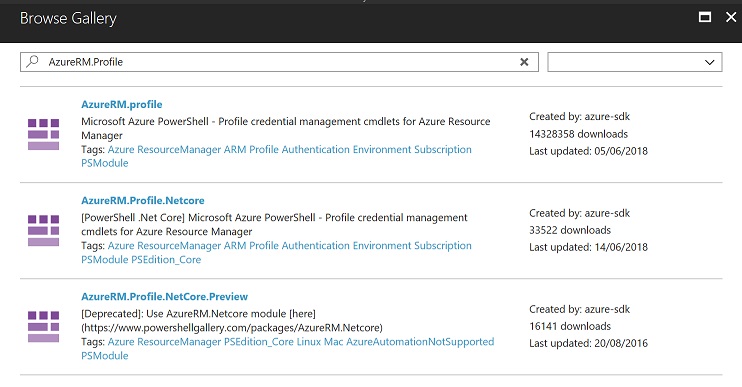 A screenshot showing the Azure moduleRM.profile module in a list of other modules.