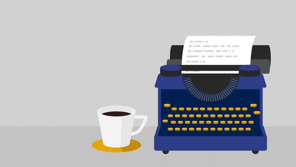 Illustration of a coffee cup next to a typewriter