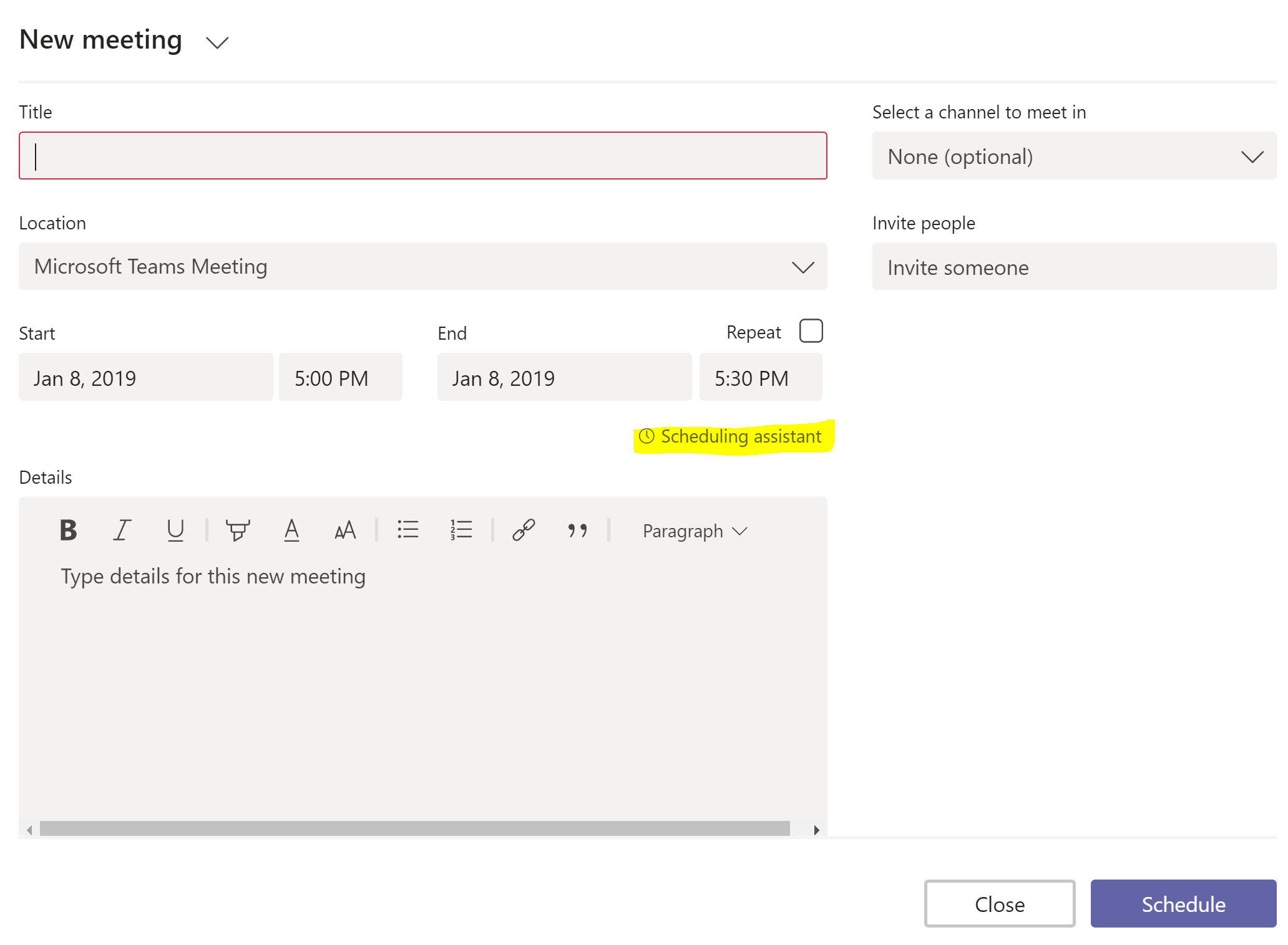 Screenshot showing the scheduling assistant in Microsoft Teams